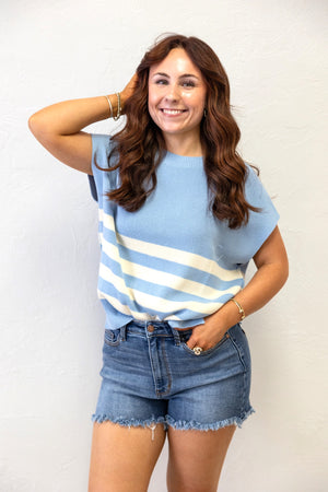 Sleeveless Round Neck Striped Knit Sweater Light Blue