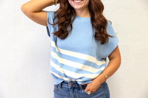 Sleeveless Round Neck Striped Knit Sweater Light Blue