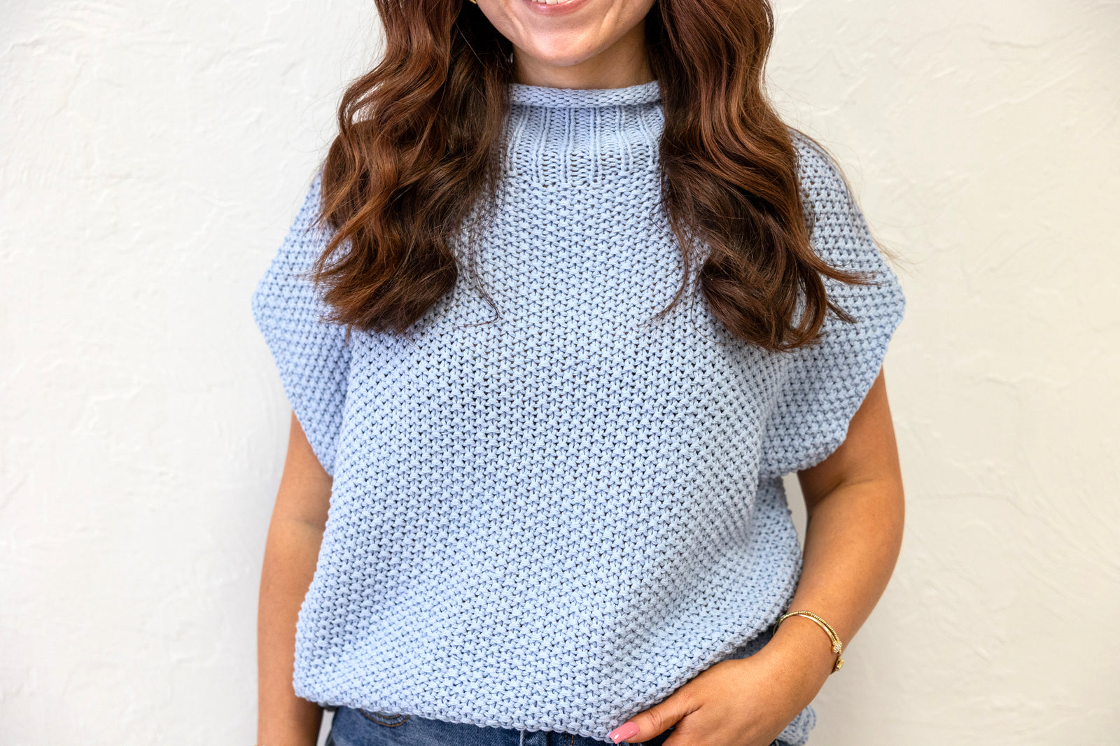 Drop Shoulder Sleeveless Mock Neck Sweater Blue