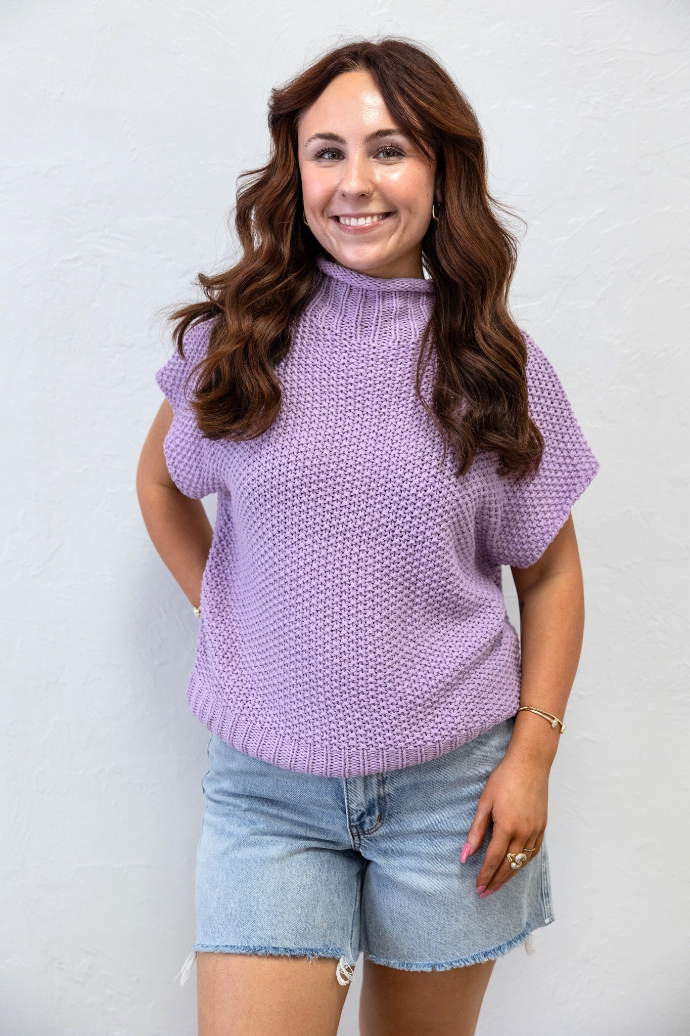 Drop Shoulder Sleeveless Mock Neck Sweater Lilac
