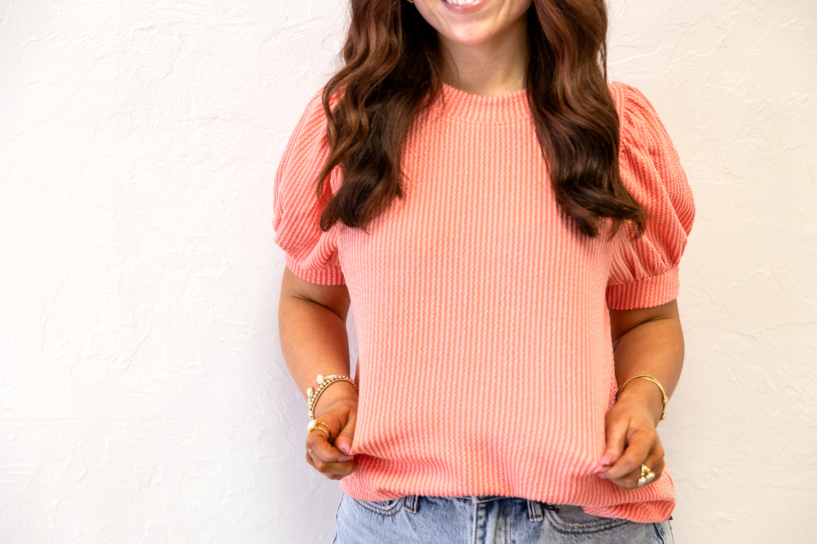 Raised Ribbed Puff Sleeve Top Coral