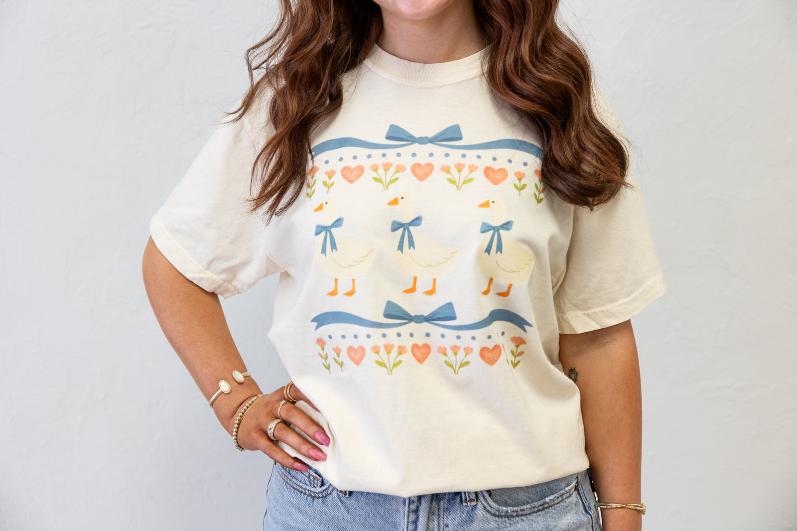 Blue Bow Goose Graphic Tee Cream