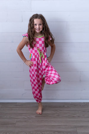 Girls Neon Checkerboard Jumpsuit