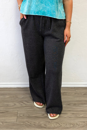 Acid Wash Fleece Palazzo Sweatpants With Pockets Black