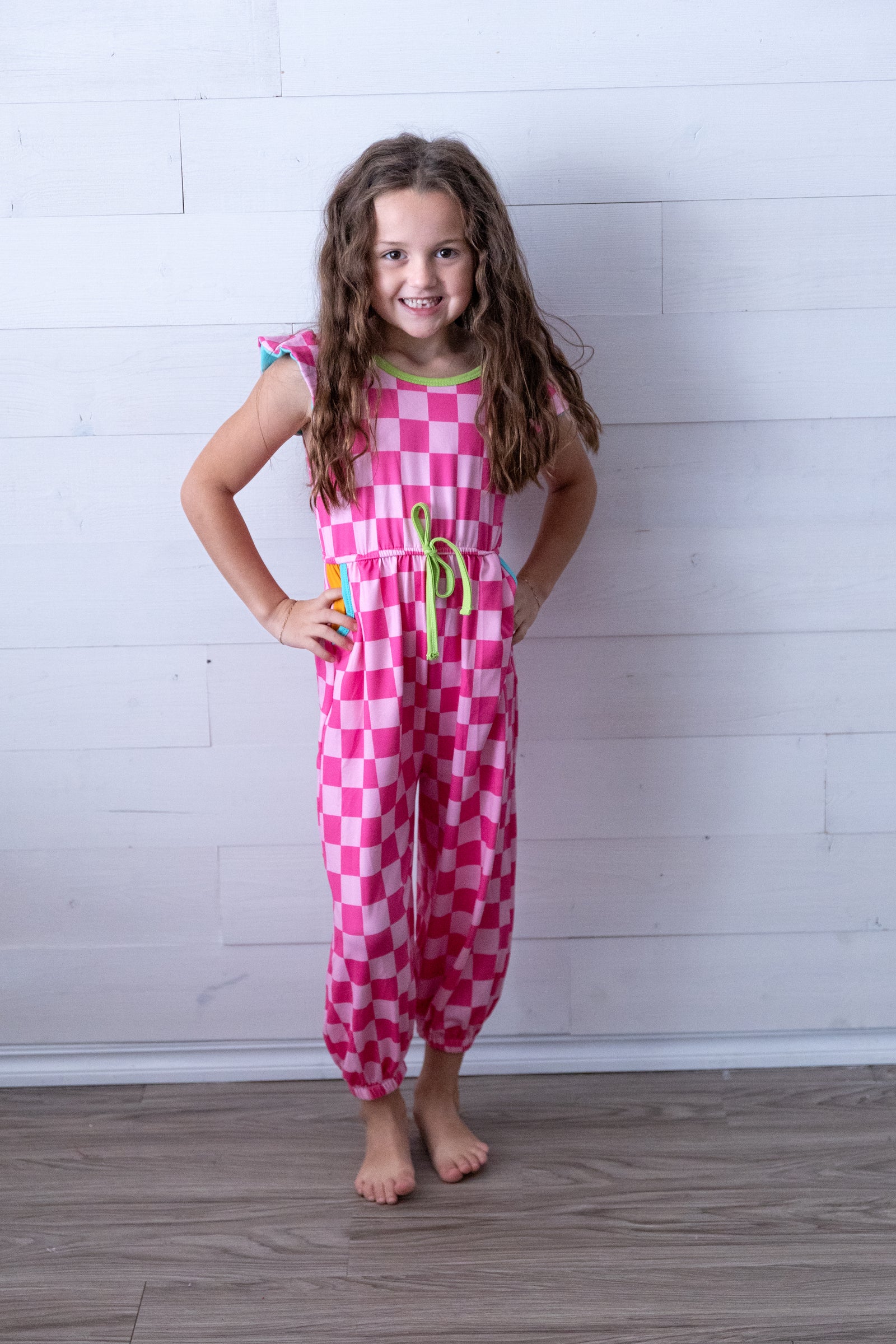 Girls Neon Checkerboard Jumpsuit