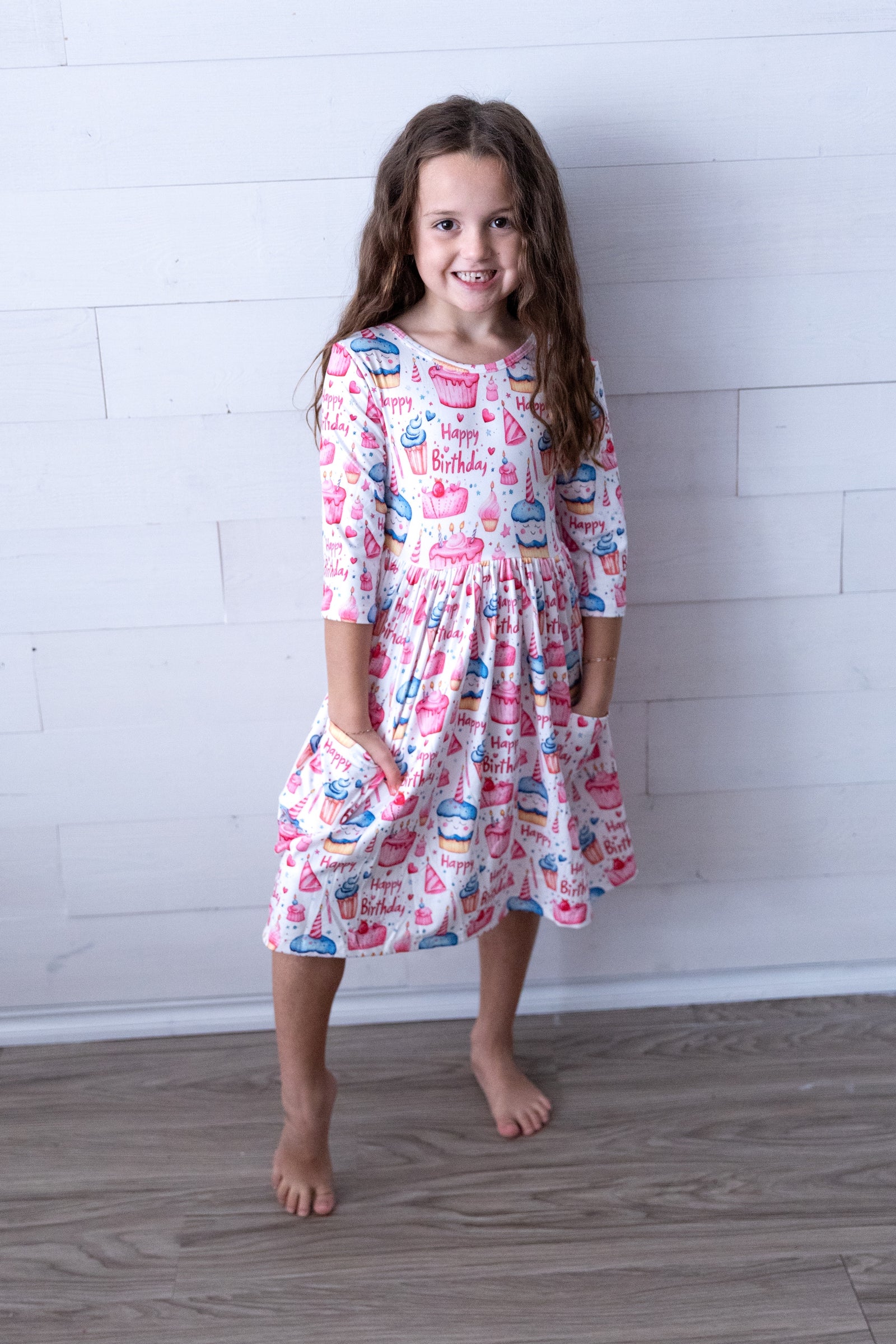 Birthday Girl 3/4 Sleeve Pocket Twirl Dress