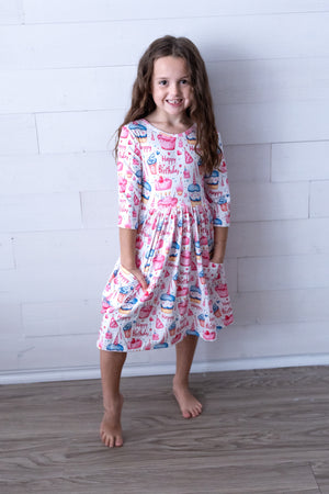 Birthday Girl 3/4 Sleeve Pocket Twirl Dress