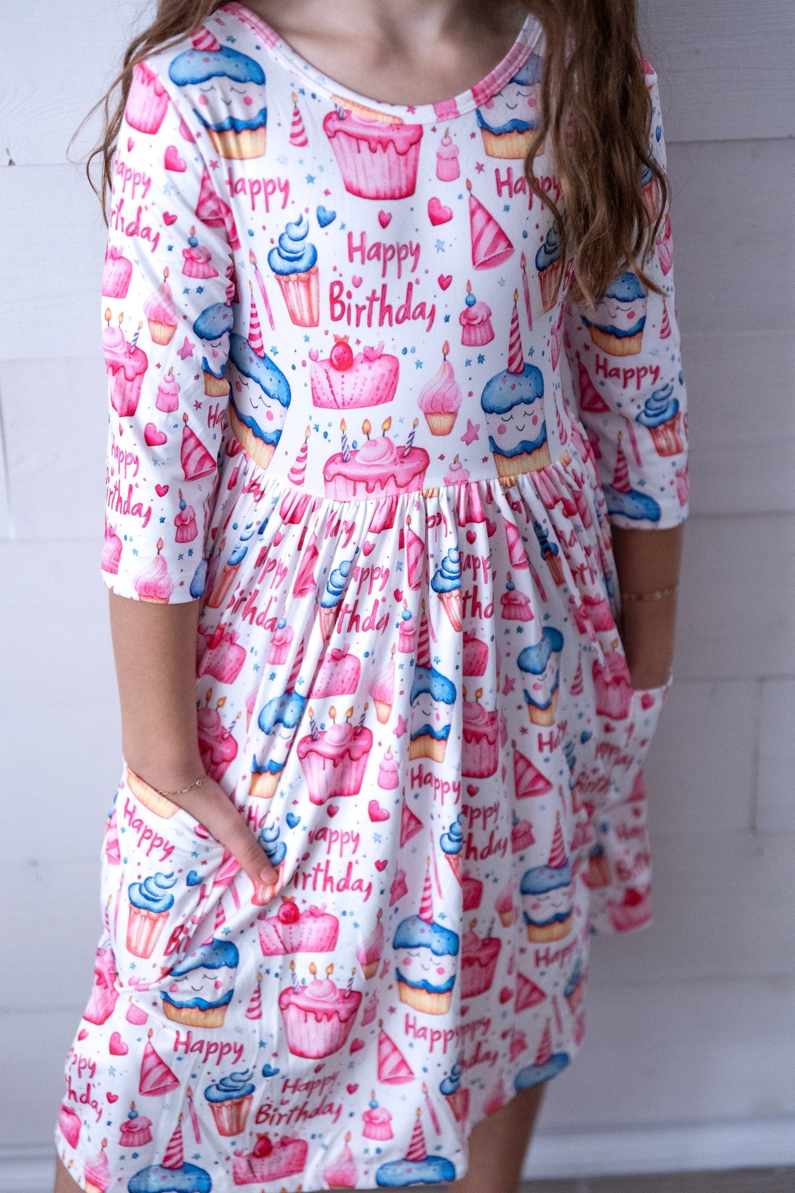 Birthday Girl 3/4 Sleeve Pocket Twirl Dress