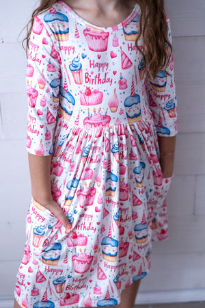 Birthday Girl 3/4 Sleeve Pocket Twirl Dress