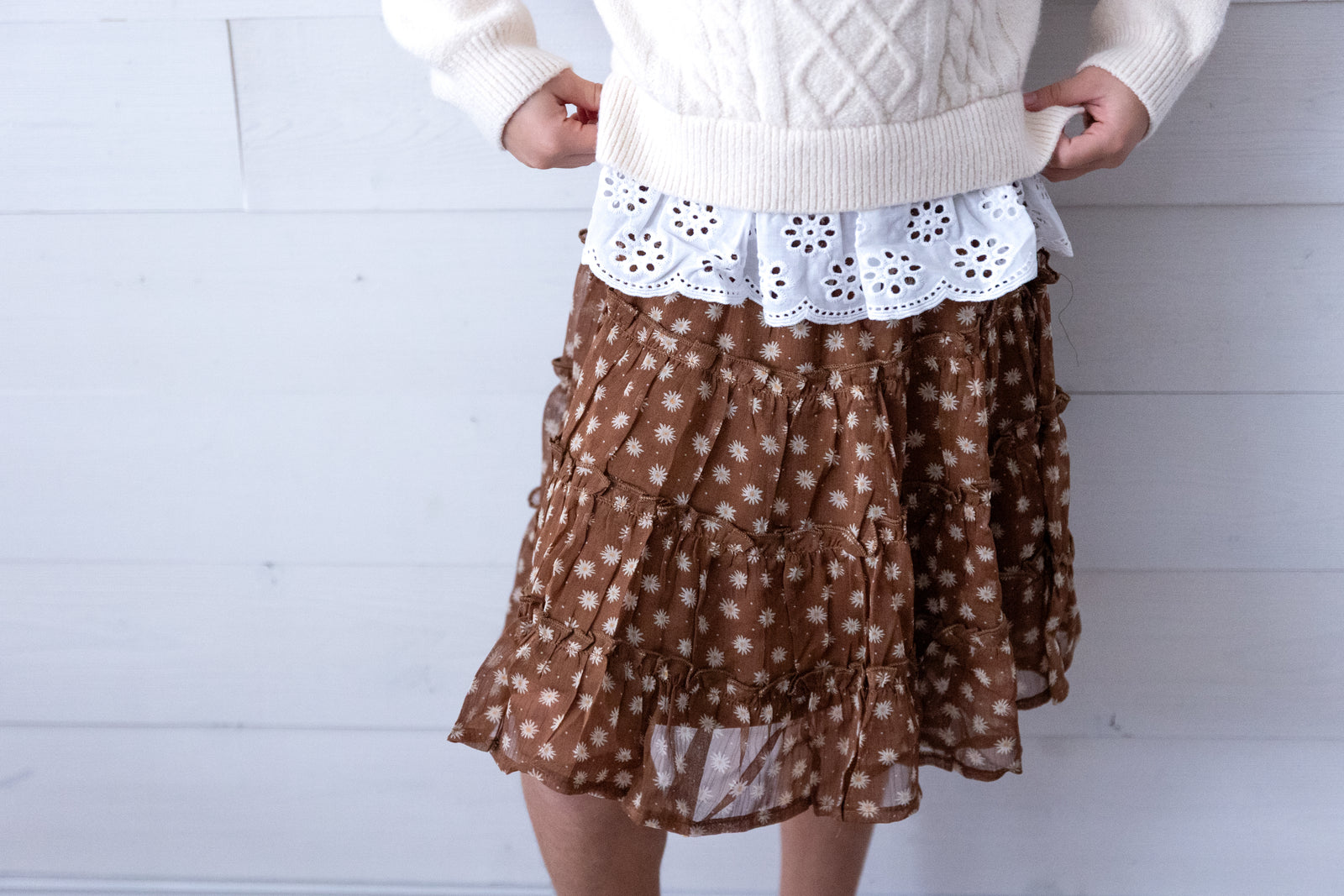 Girls Brown Skirt with Daisies