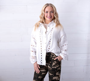 POL Button Up Crochet Top Off White