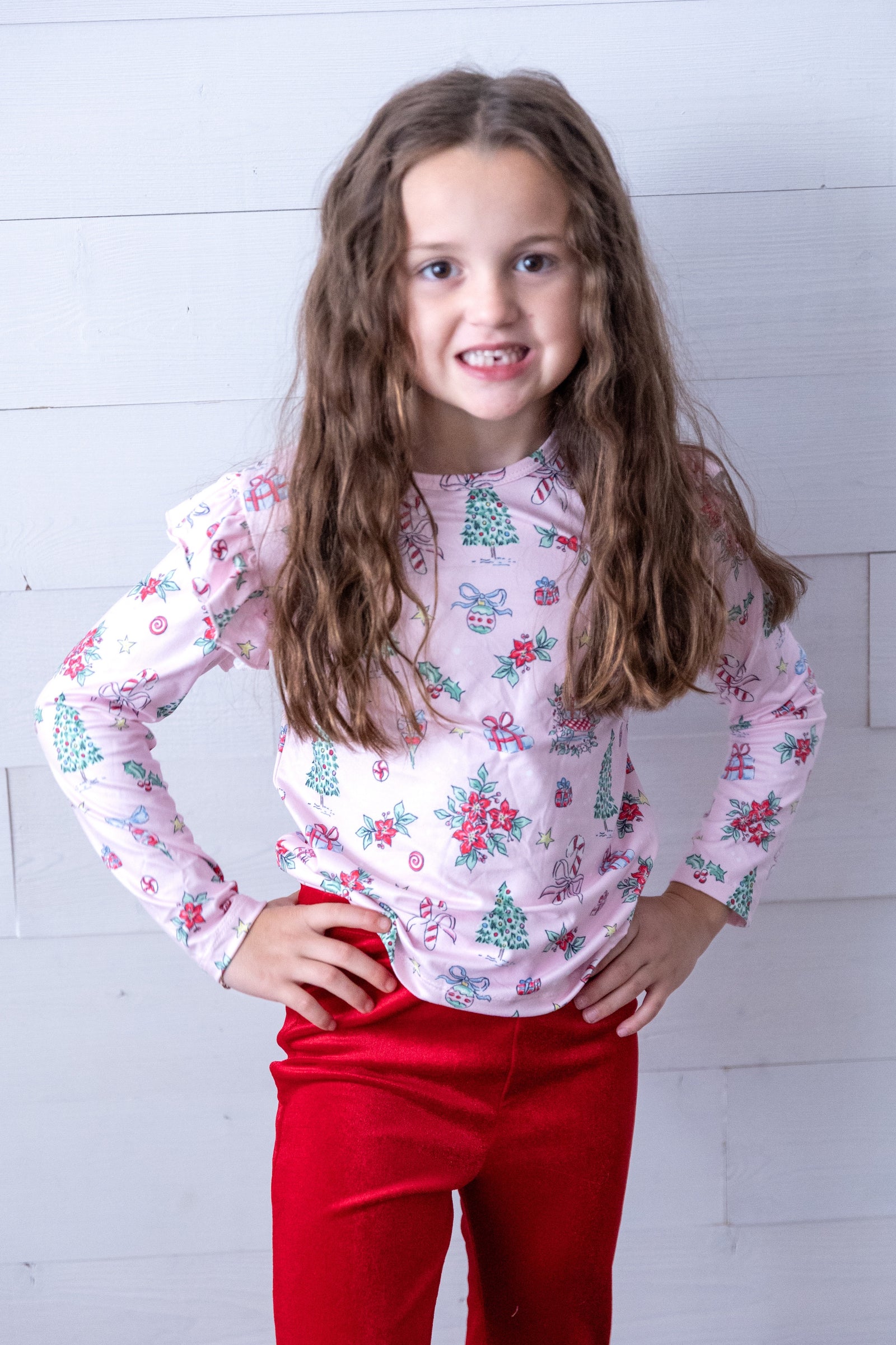 Pink Christmas LS Ruffle Tee