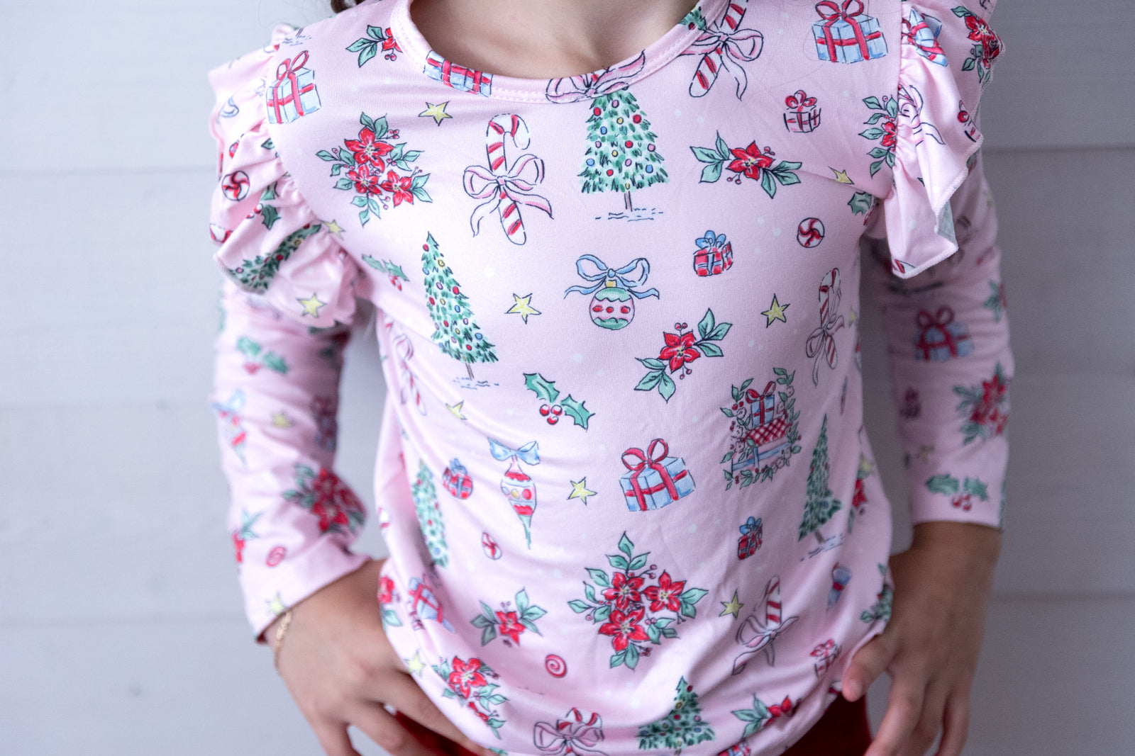 Pink Christmas LS Ruffle Tee