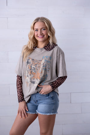 Mesh Collar Lace V Neck Leopard Top