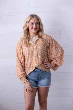 Mesh Collar Button Up Blush Mustard Flower