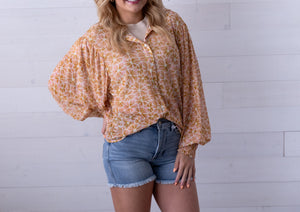 Mesh Collar Button Up Blush Mustard Flower