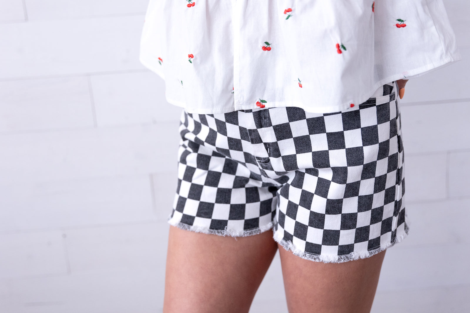 Gameday Checkered Frayed Hem Casual Shorts Black