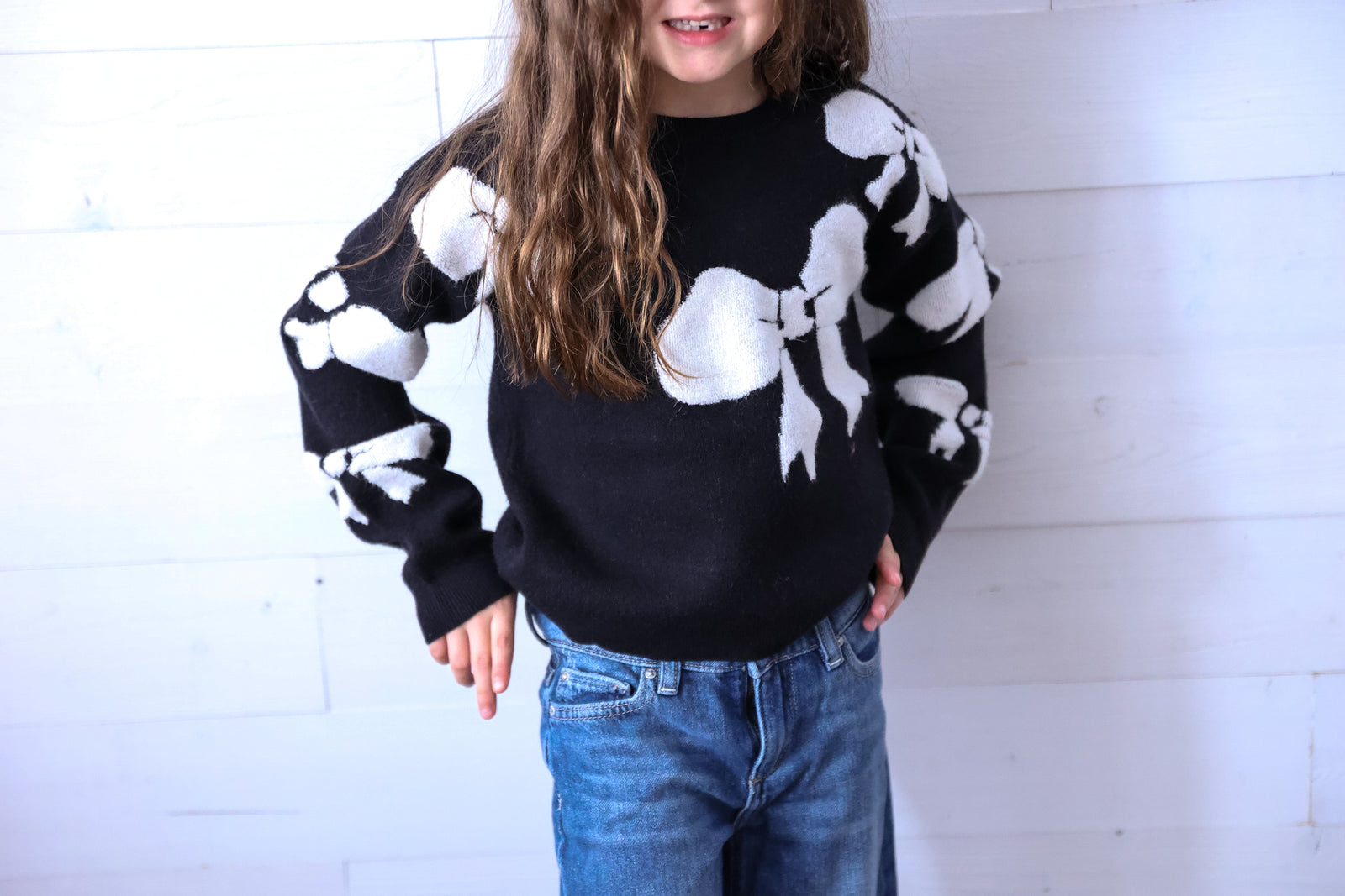 Girls Black Sweater with White Bows