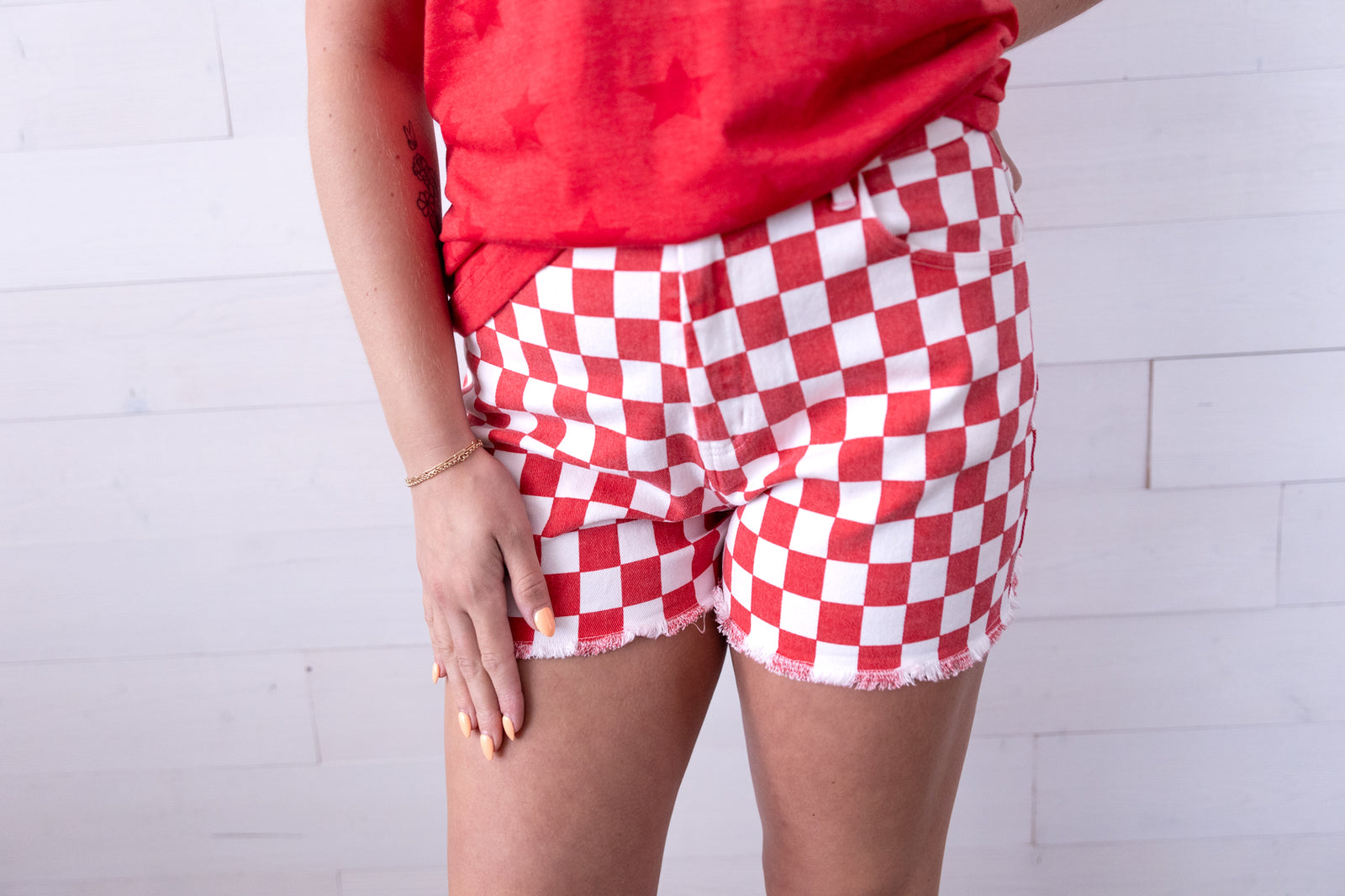 Gameday Checkered Frayed Hem Casual Shorts Red