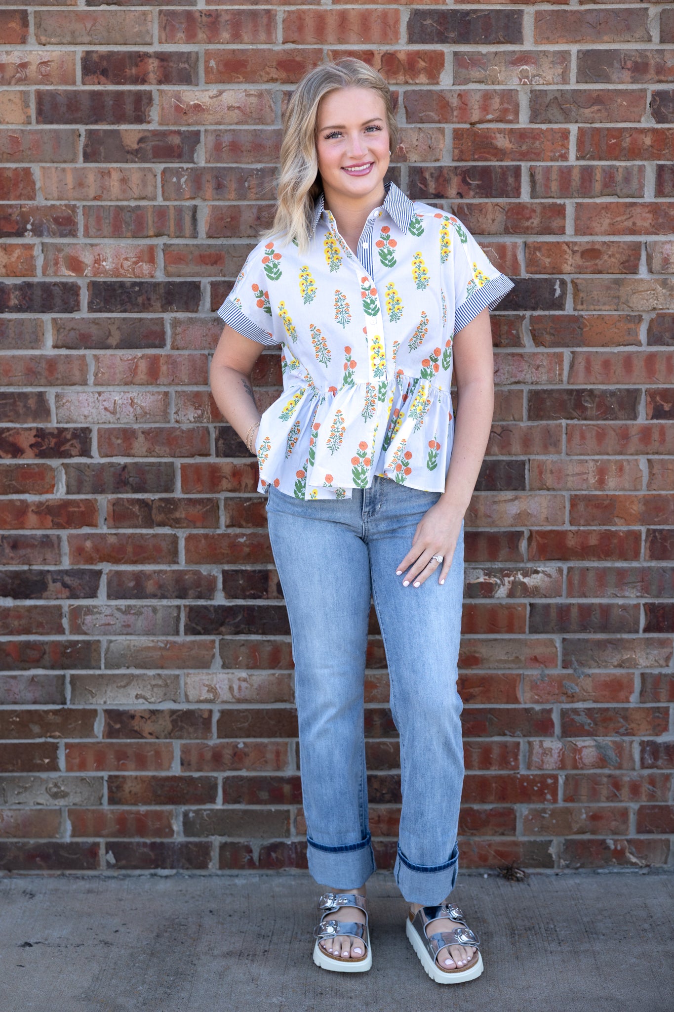 Drop Shoulder Button Down Top Light Blue