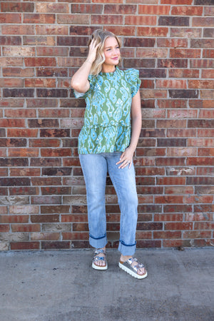 Woody Flounce Top Blue & Green
