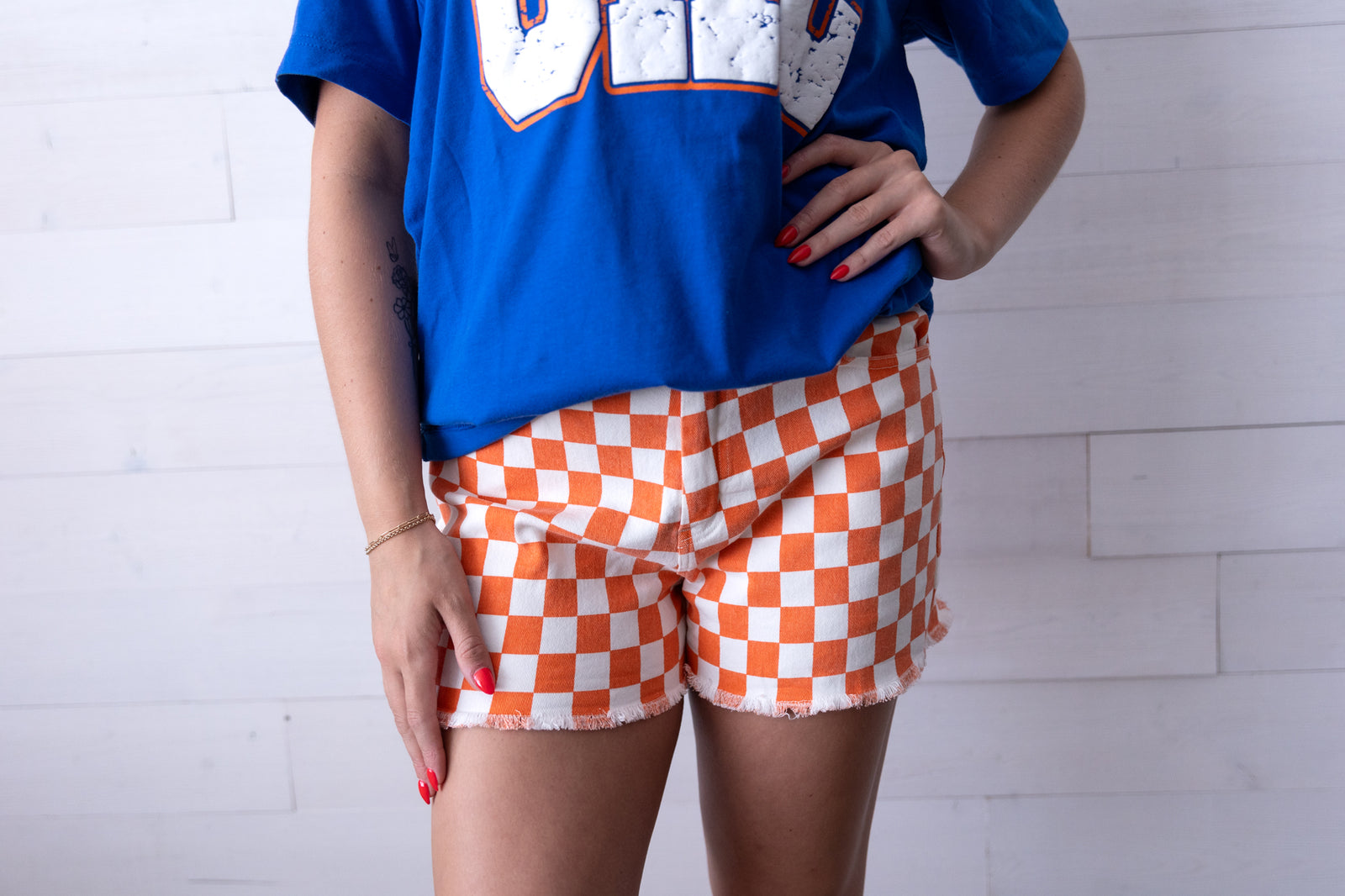 Gameday Checkered Frayed Hem Casual Shorts Orange