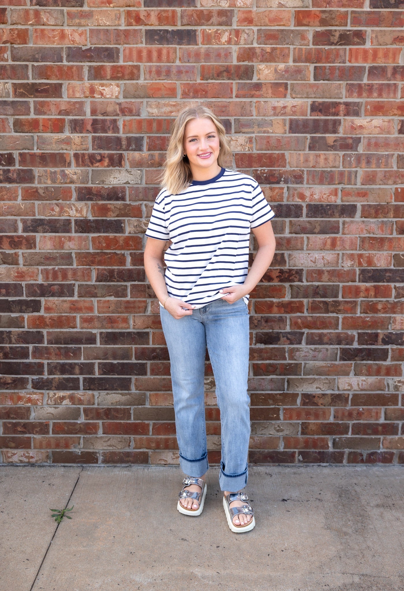 Stripe Crew Neck Tee Shirt Navy/White