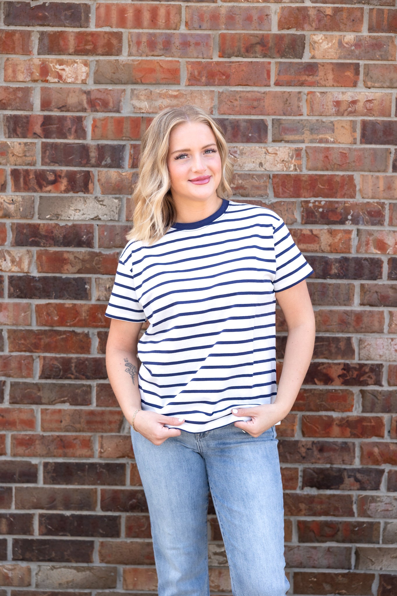 Stripe Crew Neck Tee Shirt Navy/White