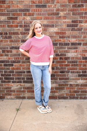 Striped contrast trim rib banded top Ruby