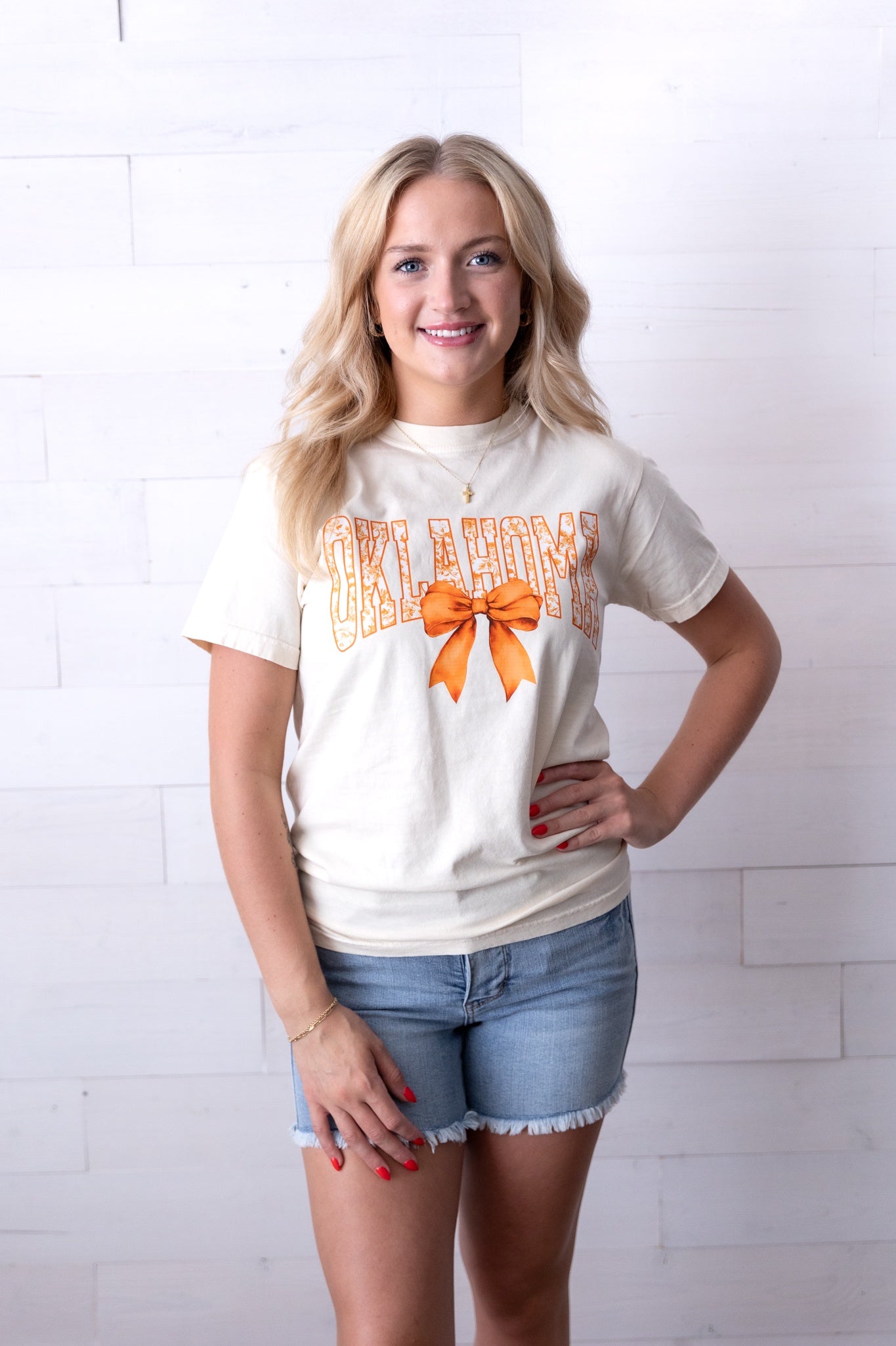 Oklahoma Orange Floral with Bow Graphic Tee Ivory