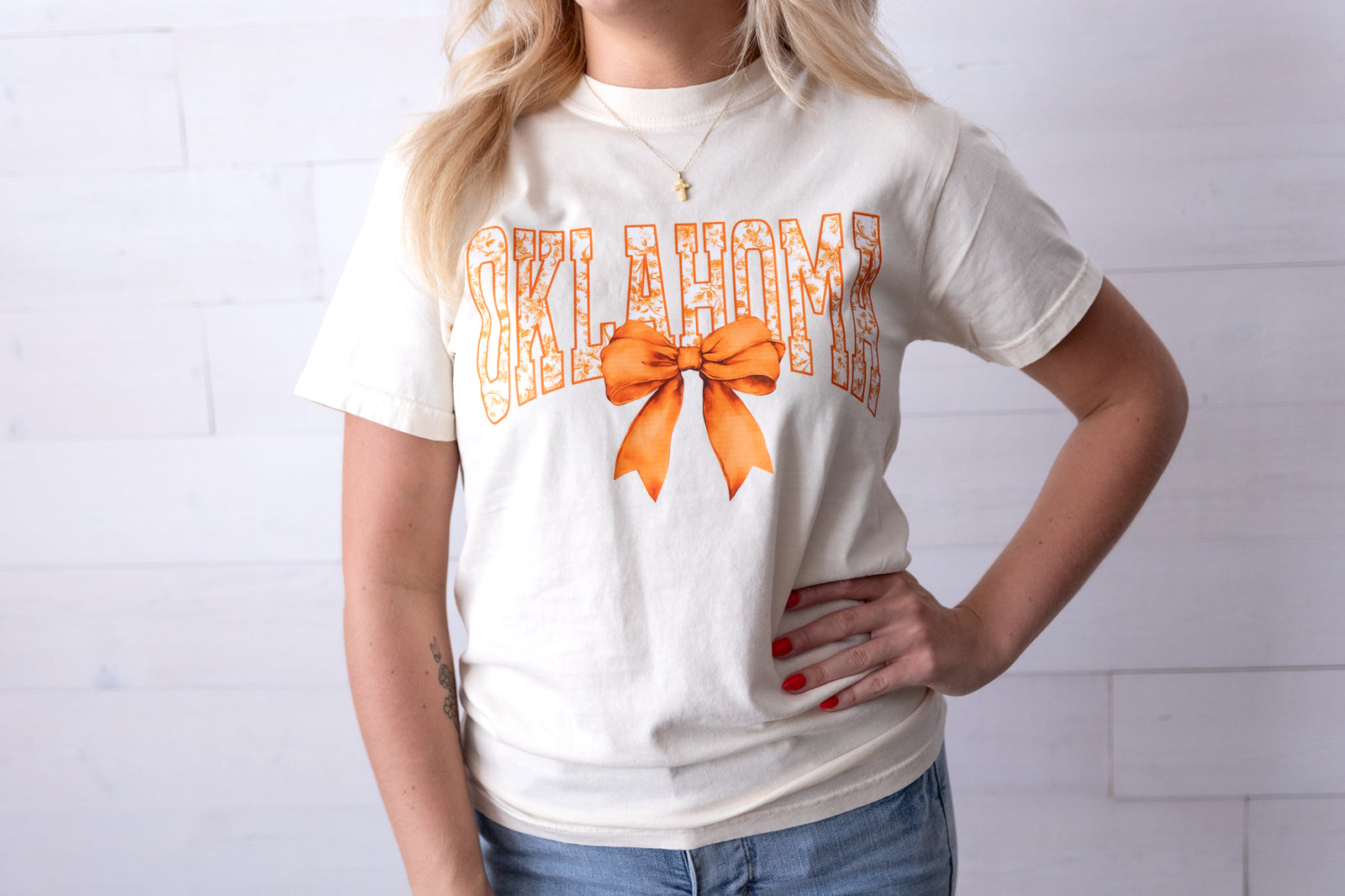 Oklahoma Orange Floral with Bow Graphic Tee Ivory