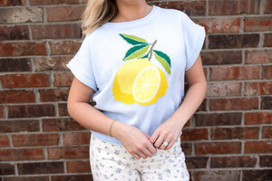 Drop SS Lemon Print Knit Sweater Top