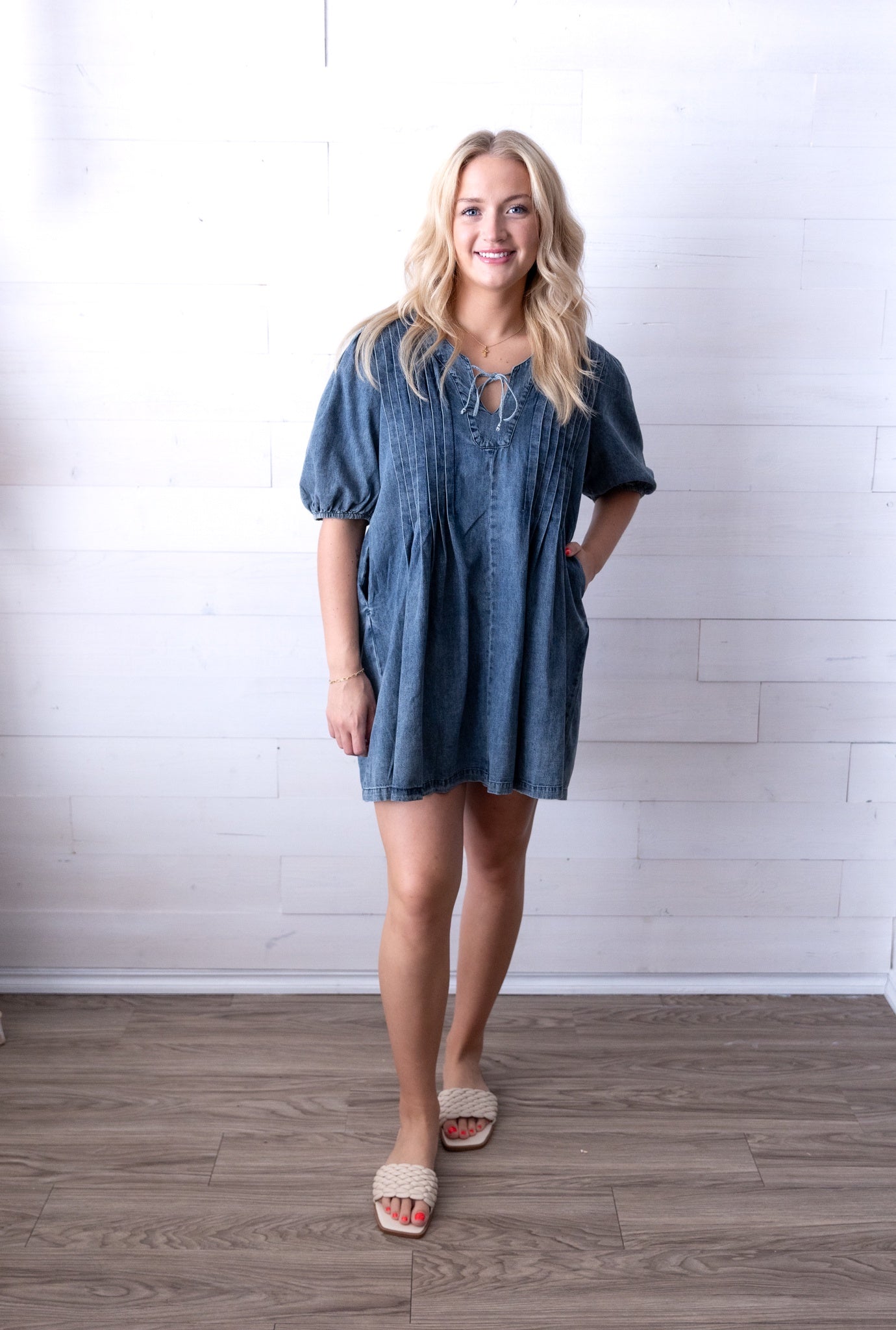 Loose Fit Denim V-Neck Pleated Mini Dress - The Burlap Buffalo Loose Fit Denim V-Neck Pleated Mini Dress - The Burlap Buffalo