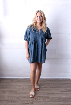 Loose Fit Denim V-Neck Pleated Mini Dress