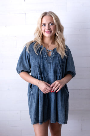 Loose Fit Denim V-Neck Pleated Mini Dress