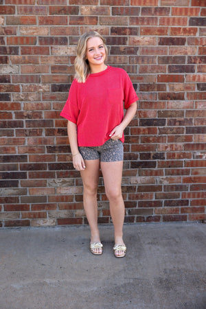 Raised Rib Short Sleeve Front Pocket Top Ruby
