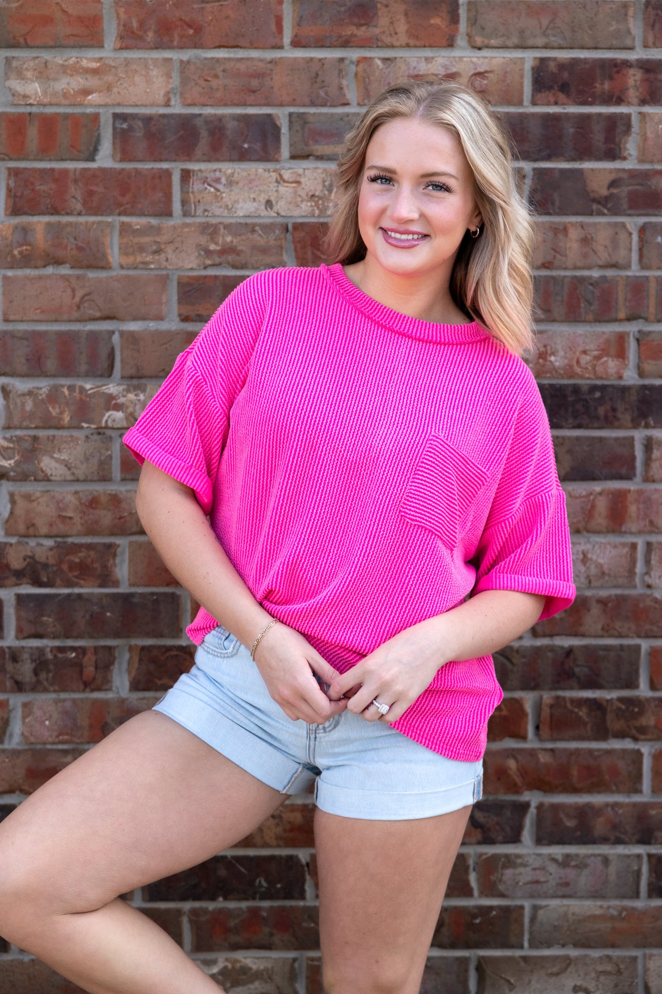 Raised Rib Short Sleeve Front Pocket Top Hot Pink