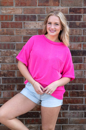 Raised Rib Short Sleeve Front Pocket Top Hot Pink