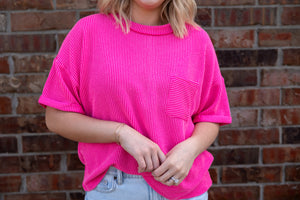 Raised Rib Short Sleeve Front Pocket Top Hot Pink
