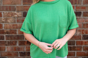 Raised Rib Short Sleeve Front Pocket Top Kelly Green