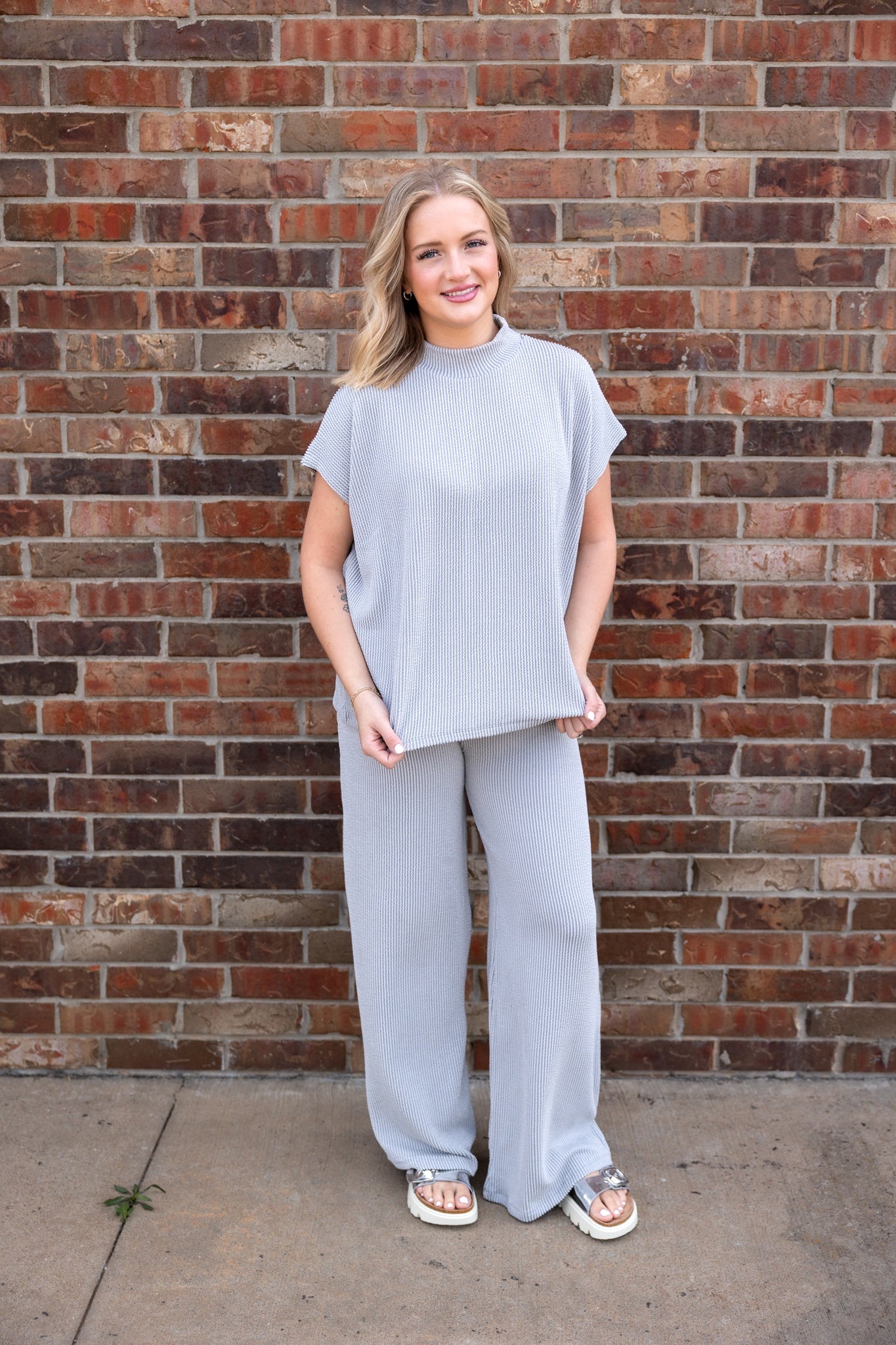 Raised Rib Short Sleeve Tee & Pants Set Sleet