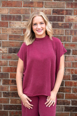 Raised Rib Short Sleeve Tee & Pants Set Burgundy