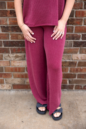 Raised Rib Short Sleeve Tee & Pants Set Burgundy