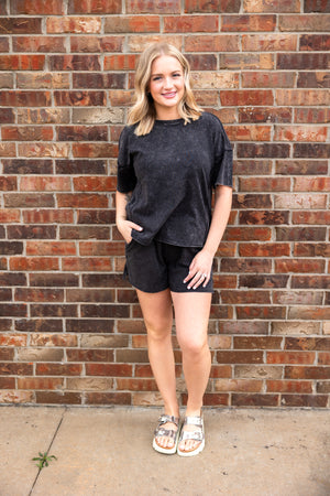 Acid Washed Short Sleeve Tee & Shorts Set Ash Black