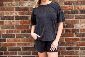 Acid Washed Short Sleeve Tee & Shorts Set Ash Black