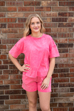 Acid Washed Short Sleeve Tee & Shorts Set Fuchsia