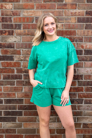 Acid Washed Short Sleeve Tee & Shorts Set Kelly Green