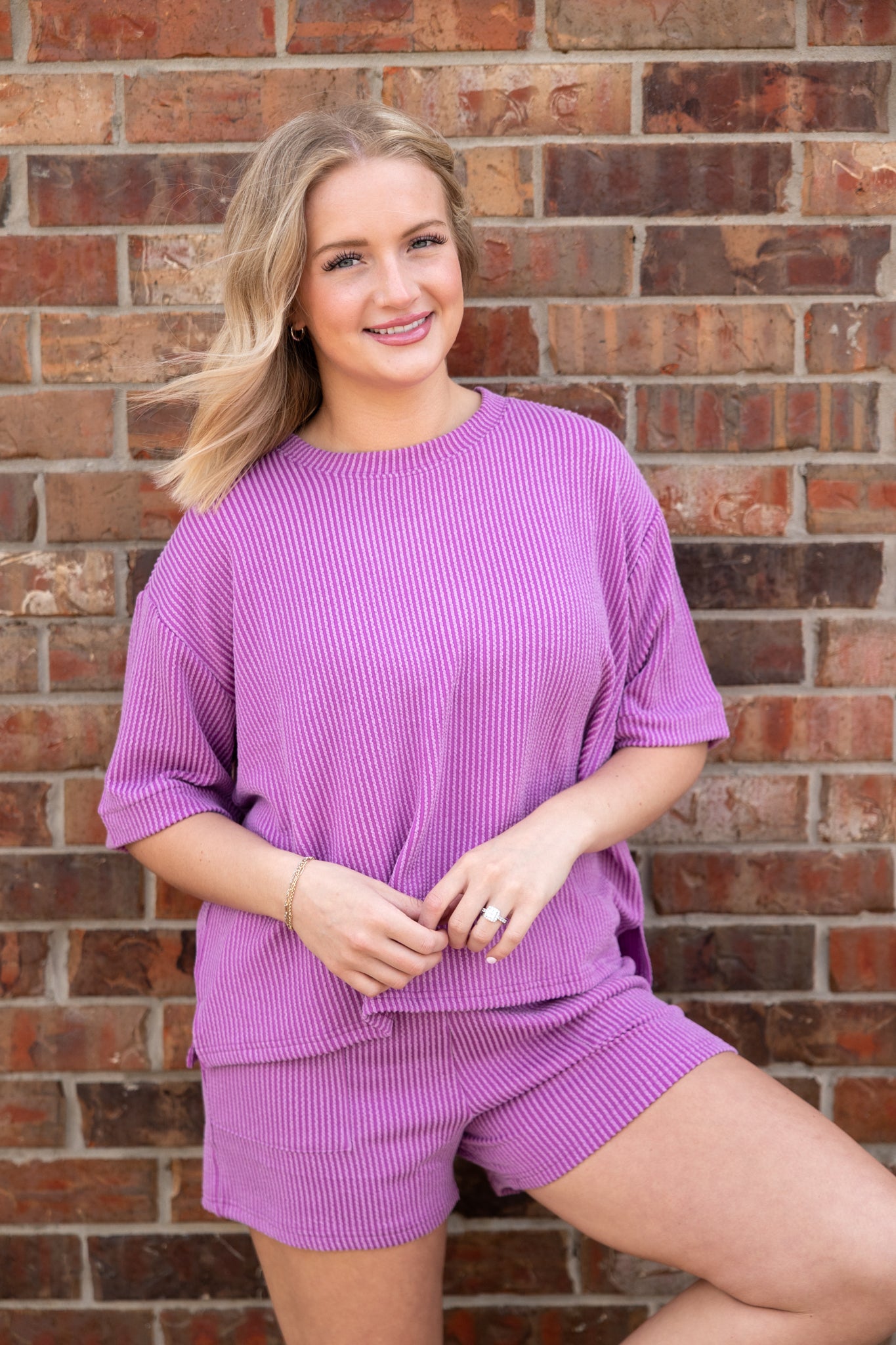 Raised Ribbed SS Tee & Short Set Light Plum