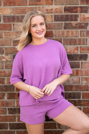 Raised Ribbed SS Tee & Short Set Light Plum