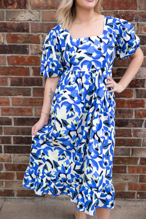 Gentry Printed Midi Dress Blue & Yellow
